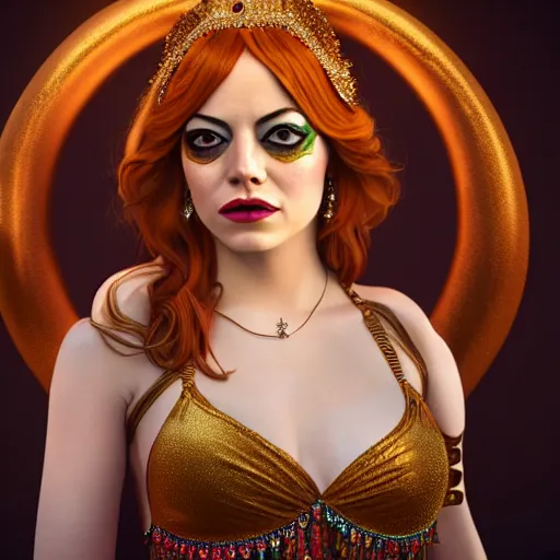 Prompt: full body portrait of emma stone, she is dressed as a belly dancer,, arabian night, in focus sharp face with fine details, a human hand in a video game, volumetric lightening, octane render, high quality, fully detailed, 4 k, alphonse mucha, masterpiece, stunning