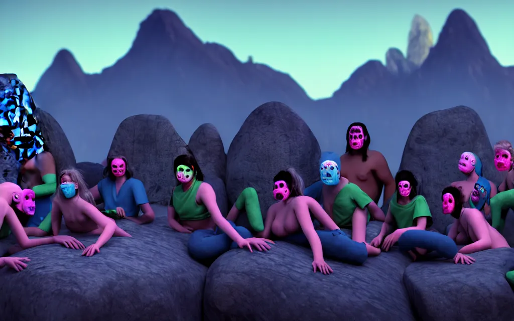 Prompt: a crowd of necromancers dressed in blue around a person in green clothing and a pink elephant face mask, lying on top of a rectangular rock in the center, mountains in the background, twilight lighting, ultra realistic, cycles render engine, 8 k,