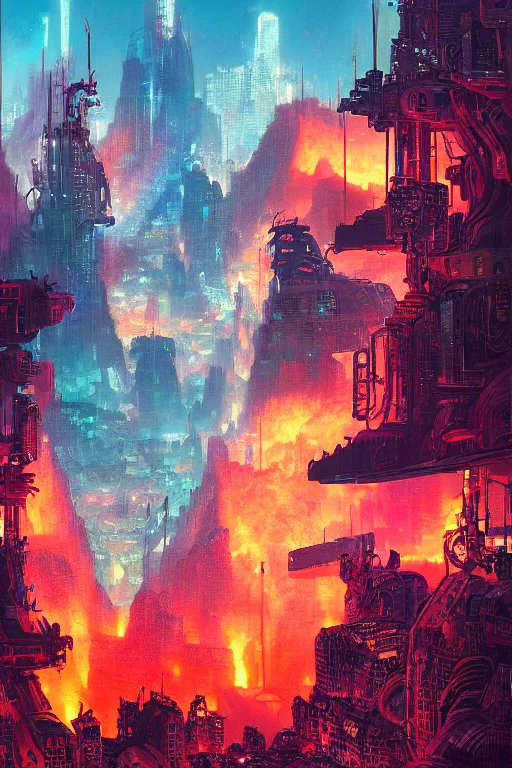 Image similar to a cyberpunk city in the crater of a volcano, lava flowing, smoke, fire, neon, clubs, industrial, by paul lehr, jesper ejsing