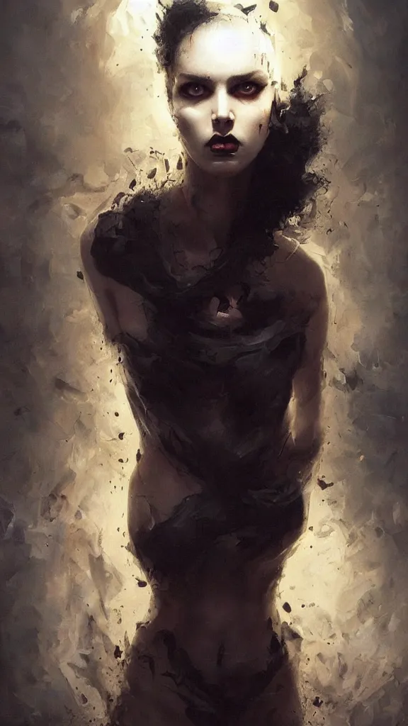 Image similar to Face of a beautiful woman with very black hair, intimidating woman, large black eyes, high forehead, smooth pale skin, ethereal skin, ominous, eldritch. oil painting by nuri iyem, james gurney, james jean, greg rutkowski, highly detailed, soft lighting, chiaroscuro