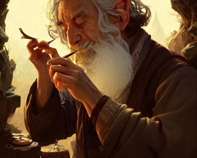 Image similar to old hobbit smoking a pipe, deep focus, d & d, fantasy, intricate, elegant, highly detailed, digital painting, artstation, concept art, matte, sharp focus, illustration, hearthstone, art by artgerm and greg rutkowski and alphonse mucha