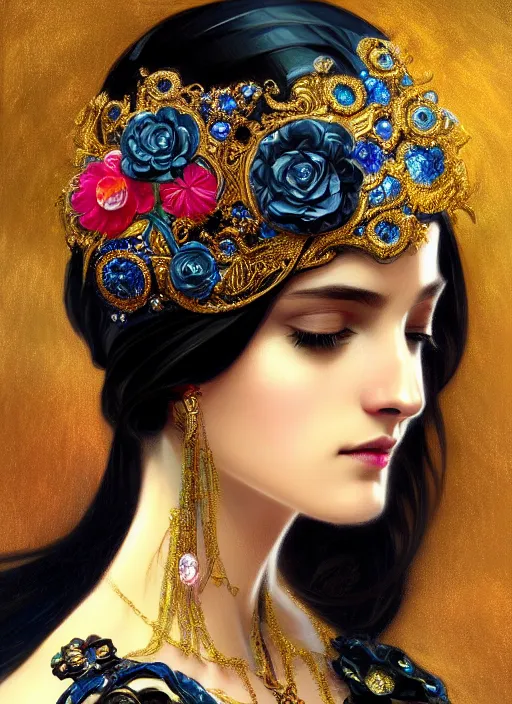 Image similar to beautiful black blue bling bling, complicated jewelry and bling bling flowers in victorian style headwears, dark fantasy, intricate, elegant, highly detailed, digital painting, artstation, highly saturated colors, concept art, matte, 3 d 8 k octane rendered, sharp focus, illustration, octane rendered, art by artgerm and alphonse mucha, leesha hannigan