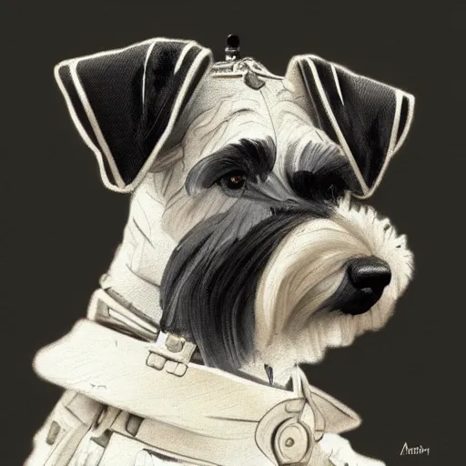 Image similar to portrait of stoic looking miniature schnauzer, military uniform, black fir, white eyebrows, fantasy, intricate, elegant, highly detailed, centered, dark, smokey, charcoal painting, digital painting, artstation, concept art, smooth, sharp focus, illustration, art by alphonse mucha