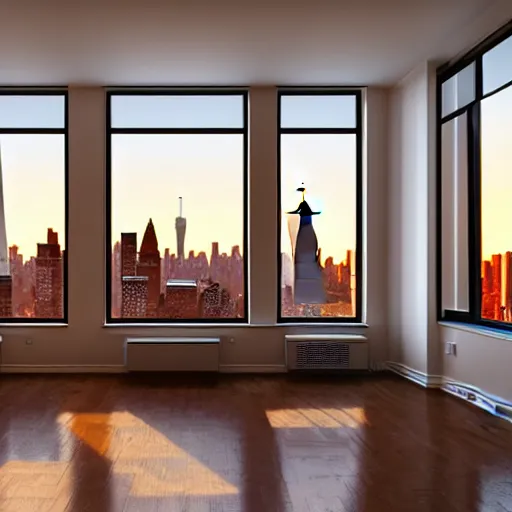 Prompt: Interior of a New York City apartment during golden hour, realistic