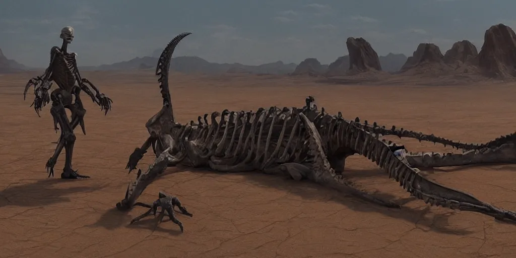 Image similar to screenshot from a movie, epic matte painting of a giant reptile skeleton in a sandy desert with scientists in the foregroud for scale, cinematic cinematography masterpiece, greg rutkowski, and ivan aivazovski, roger deakins