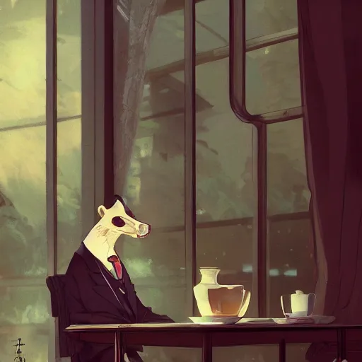 Prompt: a weasel in a suit was drinking tea, surrounded by tea houses ambient lighting, 4 k, russ mill, rossdraws, wenjun lin, jung gi kim, artstation