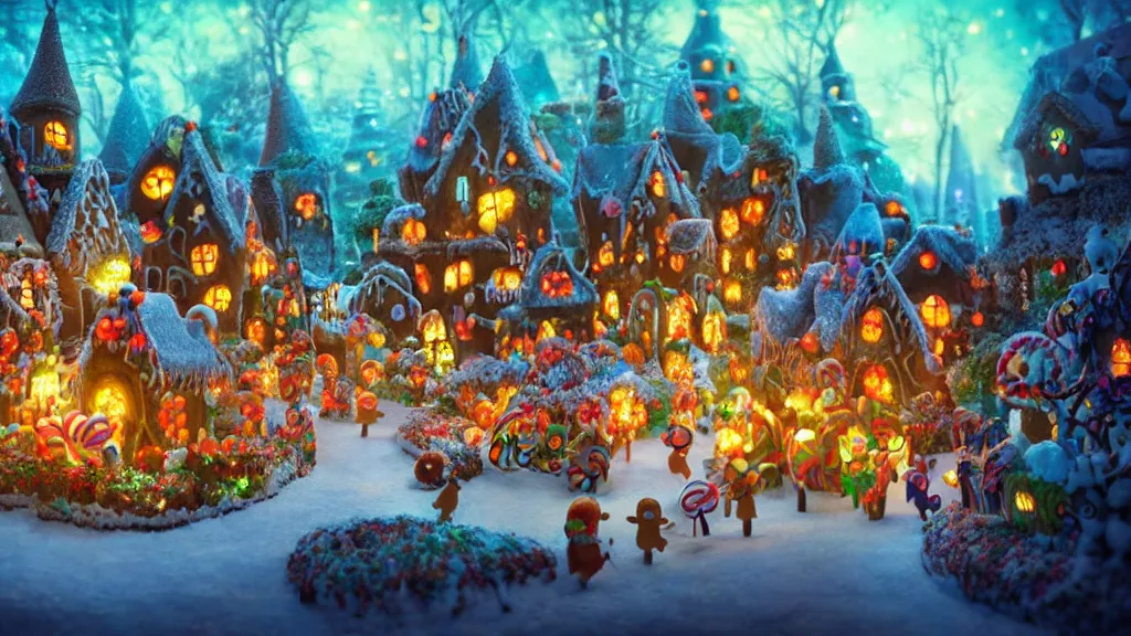 Prompt: gingerbread candy village, cinematic scene, studio lighting, colorful, fantasy, fairytale, intricate, forest, fireflies, flowers, halloween, christmas, hansel and gretel, background blur, bokeh, medium shot, visually stunning, ( matte painting, concept art, trending on artstation, artgerm, cgsociety )