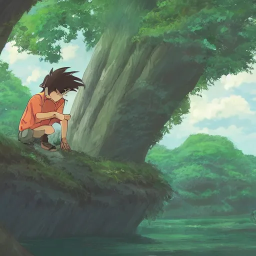 Image similar to friendly guy and small creature , with Fragile looking character portrait face made in Studio Ghibli artstyle ,highly detailed art, beautiful scene, sharp focus, smooth, 8k, anime art, fantasy, style in ghibli anime style, fantasy, island, forest, ghibli animal in 8k