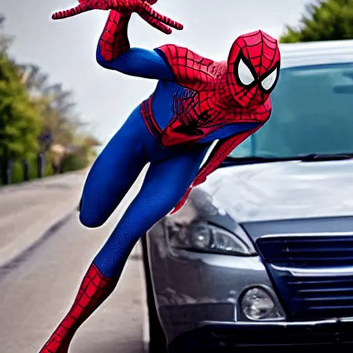 Image similar to Spiderman lift up a car, realistic photo