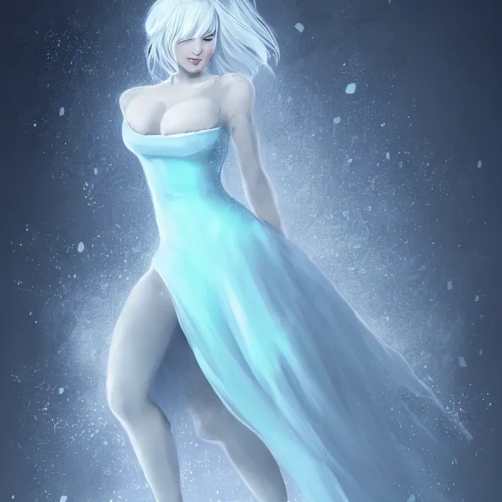 Prompt: full body portrait of a stunningly beautiful woman with pale blue hair wearing a dress made out of snowflake in the middle of a heavy snowstorm. award - winning digital art, trending on artstation