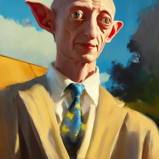 Prompt: greg manchess portrait of dobby the house holding the body of a man in a blue suit over his head, organic painting, sunny day, matte painting, bold shapes, hard edges, street art, trending on artstation, by huang guangjian, gil elvgren, ruan jia, randy vargas, greg rutkowski