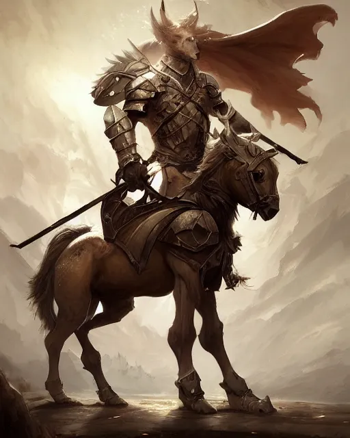 Image similar to centaur centaur centaur :: Paladin, fearsome, beautiful, DnD character art portrait, male centaur centaur chimera, plate armor, matte fantasy painting, DeviantArt Artstation, by Jason Felix by Steve Argyle by Tyler Jacobson by Peter Mohrbacher, cinematic lighting.