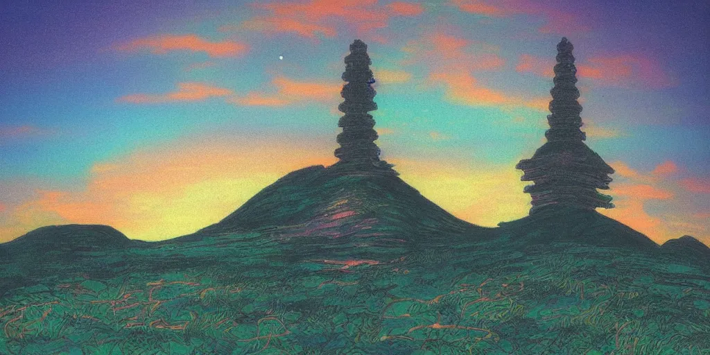 Image similar to “ a landscape pastel in the style of noriyoshi ohrai of an ancient holy tower, it has iridescent mana radiating from it. it is centered. the background is the sky at night. retrofuturistic fantasy ”