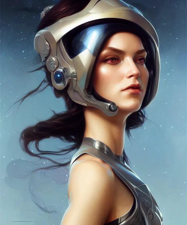 Image similar to futuristic woman in helmet portrait, sci-fi, amber eyes, face, long hair, fantasy, intricate, elegant, highly detailed, digital painting, artstation, concept art, smooth, sharp focus, illustration, art by artgerm and greg rutkowski and alphonse mucha