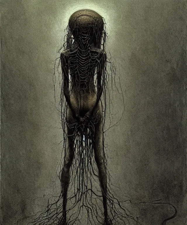 Image similar to woman standing. illustration of arachnophobia, fear of spiders, incredible amount of spiders, bugs. extremely high details, realistic, horror, creepy, masterpiece, art by zdzislaw beksinski, arthur rackham, dariusz zawadzki