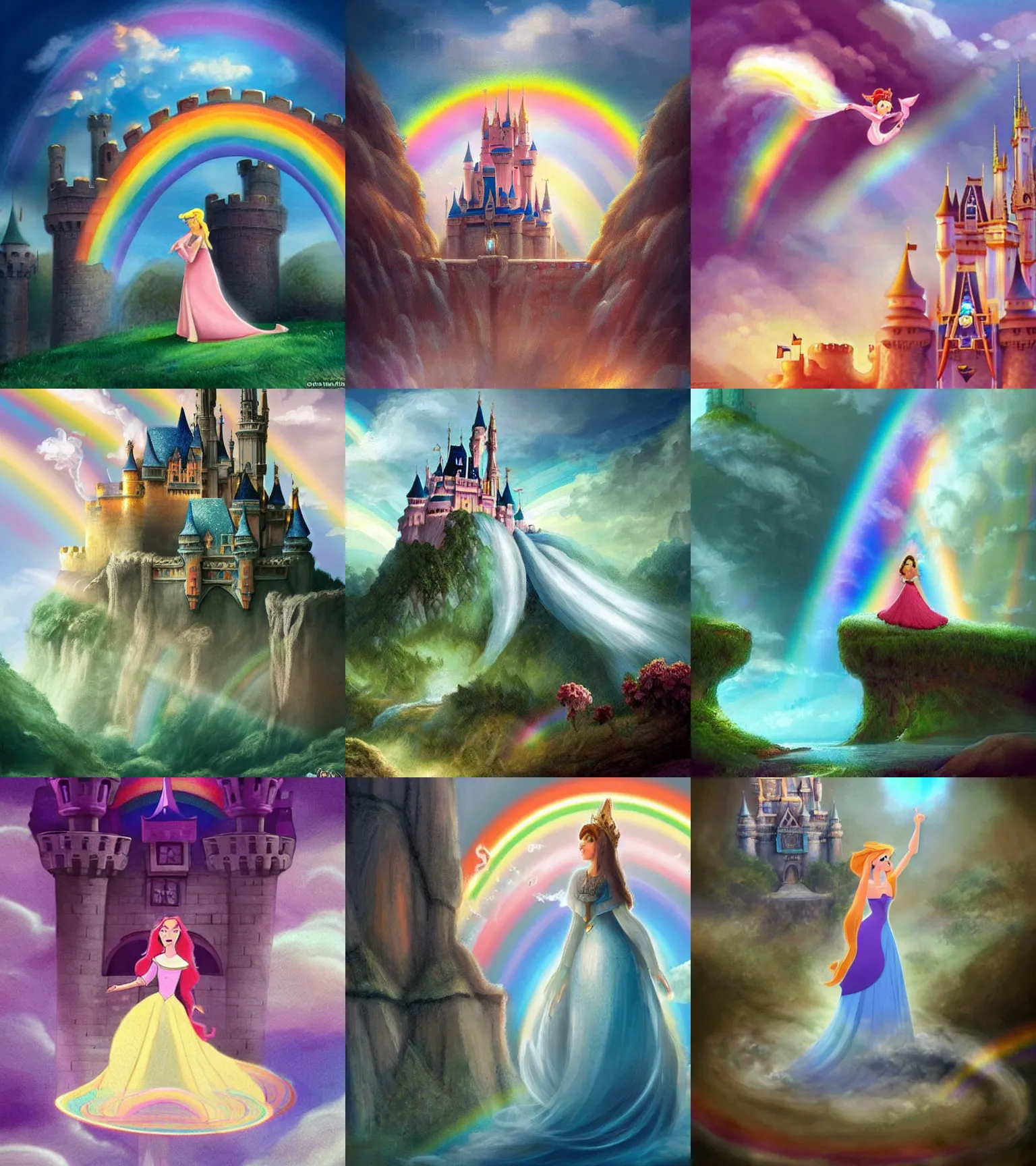 Prompt: the most beautiful giant princess in a castle in the clouds with a rainbow, concept art, disney cartoon, cinematic, dreamy