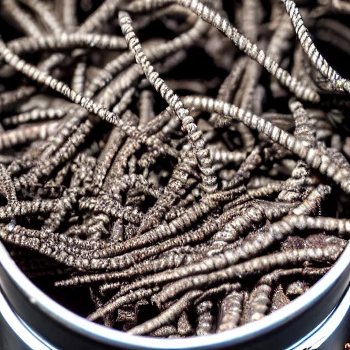 Image similar to photo of an opened can full of worms, highly detailed, extremely high quality, hd, 4 k, 8 k, canon 3 0 0 mm, professional photographer, 4 0 mp, lifelike, top - rated, award winning, realistic, detailed lighting, detailed shadows, sharp, no blur, edited, corrected, trending