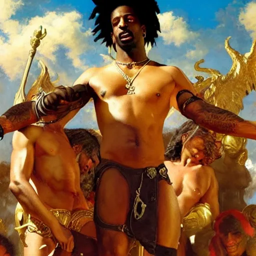 Image similar to 2 1 savage accuses travis scott of betrayal! zeus sits on the throne of olympus, heavenly marble, ambrosia served on golden platters, painting by gaston bussiere, craig mullins, j. c. leyendecker, tom of finland