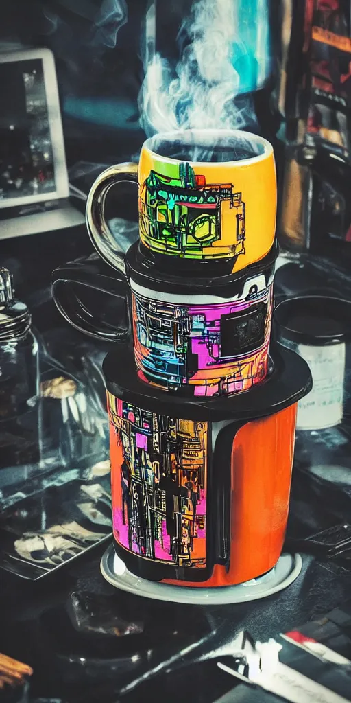 Image similar to stylish mug, filled with steaming hot coffee, standing on a table. cyberpunk style. colorful.