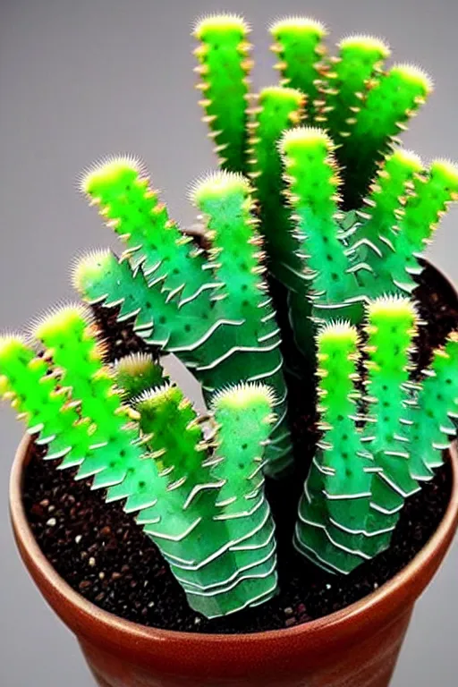 Prompt: crystals shaped like exotic succulent fern strange cacti, a potted plant made of gemstones in a windowsill