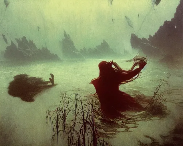 Image similar to the last sight before death by drowning, underwater scene, painted by zdzislaw beksinski and artgerm and greg rutkowski and alphonse mucha and rene laloux