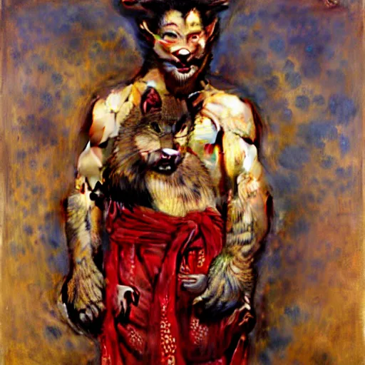 Image similar to a male ratwolfman rat wolf man in a red kimono furry arms furry body. furaffinity furry art detailed face painting by gaston bussiere craig mullins jc leyendecker gustav klimt artgerm greg rutkowski furry