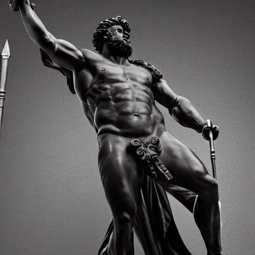 Prompt: a realistic greek black marble statue of hercules as zeus wearing a armour and brandishing a spear, displayed in a museum art gallery, moody, dramatic lighting, dark, photorealistic, cinematic scene, super detailed, hyper realistic, bright lights, 8 k