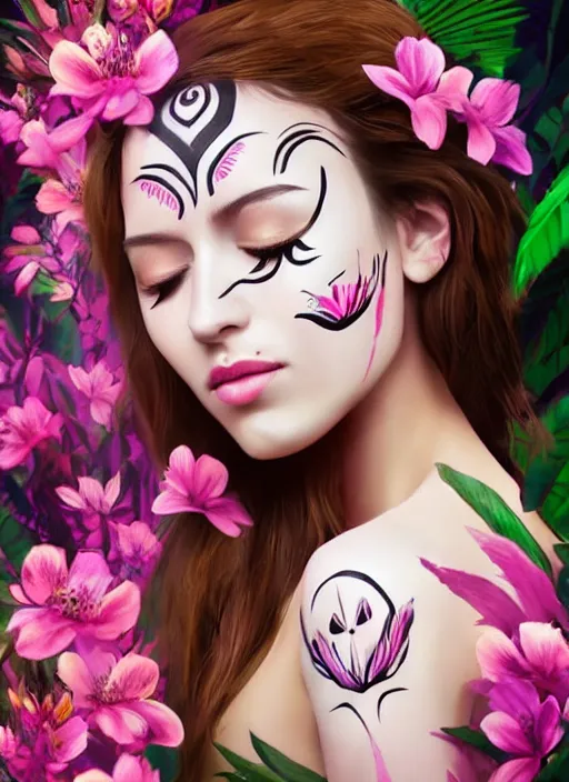 Prompt: a beautiful portrait of a beautiful woman with eyes closed in the jungle surrounded by pink flowers, tribal face paintings, matte painting, fantasy art