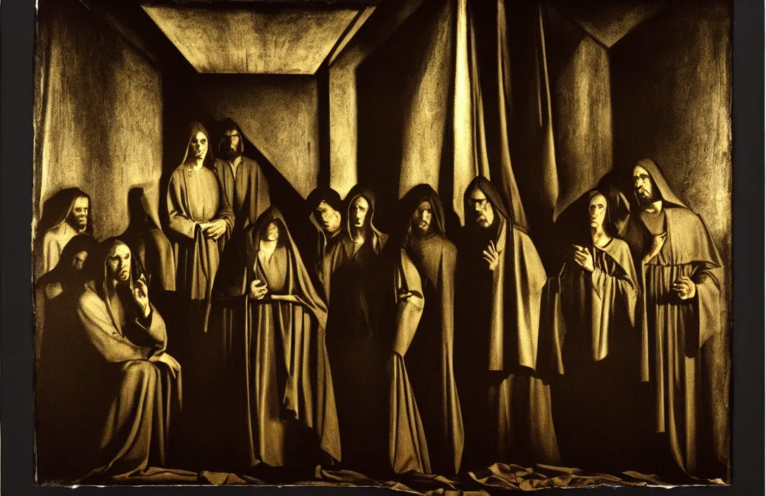 Prompt: altarpiece excommunication render by christopher soukup intact flawless ambrotype from 4 k criterion collection remastered cinematography gory horror film, ominous lighting, evil theme wow photo realistic postprocessing dorothea lange photography this work is the centre panel of an altarpiece avant garde painting by caspar david frederich