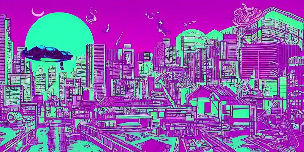 Image similar to vaporwave, vector graphics, ninja turtles, synthwave, neon, cityscape