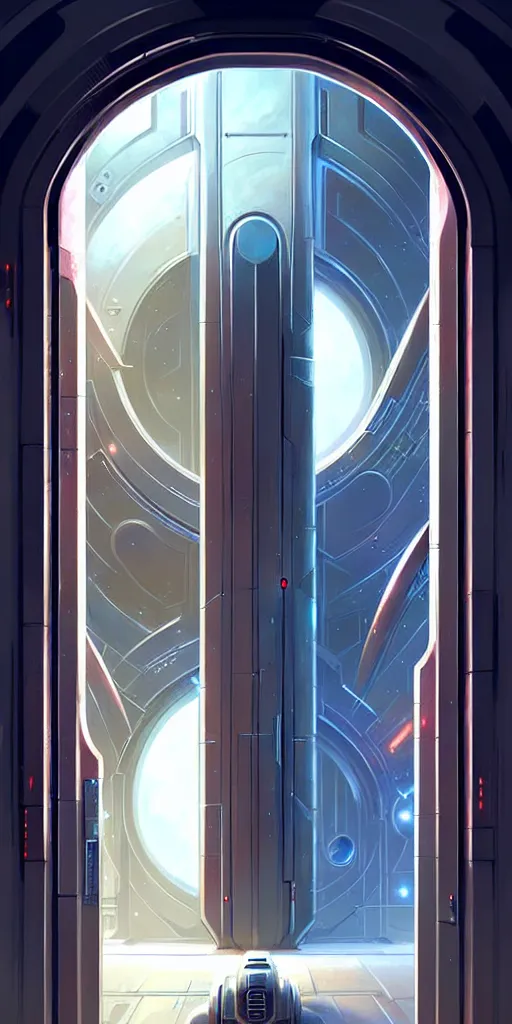 Image similar to hyper realistic art - deco sci - fi double door by jordan grimmer, darek zabrocki