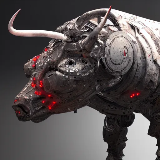 Image similar to a cyborg ( bull ) modeled after a bull looking into the camera, android, cyborg, half body, intricate, 3 d, hyper realism, fantasy, depth of field, octane render, symmetrical, highly detailed, digital art, artstation, concept art, cinematic lighting, trending