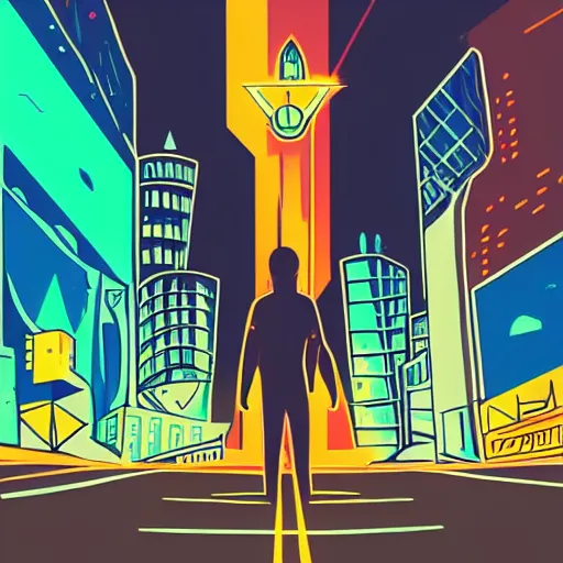 Prompt: rocket standing on a street in the middle of a cyberpunk city, neon signs, psychedelic, minimalism, clouds, night time, dramatic lighting, flat design, flat colors, in the style of contemporary graphic design