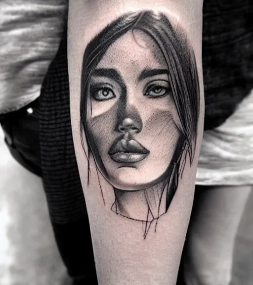 Image similar to amazing blend of beautiful mountain scenery with a beautiful woman face, tattoo design sketch, hyper - realistic, in the style of matteo pasqualin, amazing detail, black and white