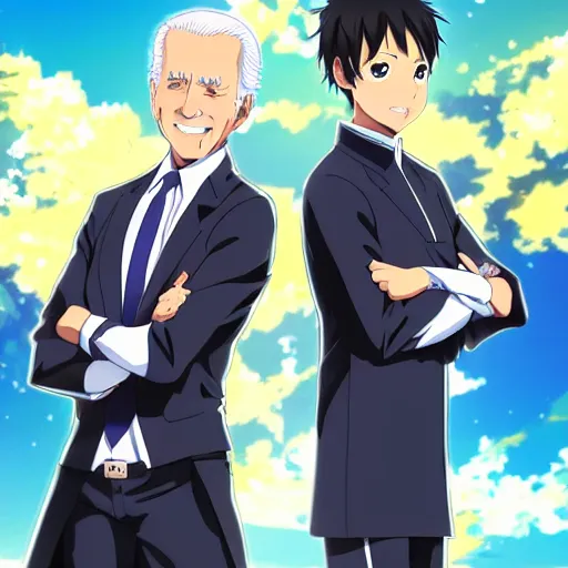 Prompt: key anime visual of joe biden and Kirito; official media