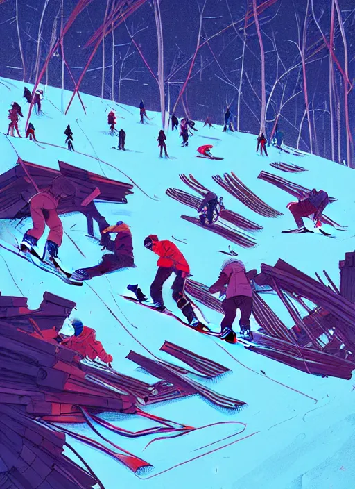 Image similar to by moebius and atey ghailan | the bottom of a ski slope with a huge pile of tangled up skiers |