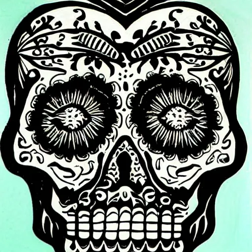 Prompt: “ sugar skull mirror image woodcut by mc escher and hp lovecraft ”