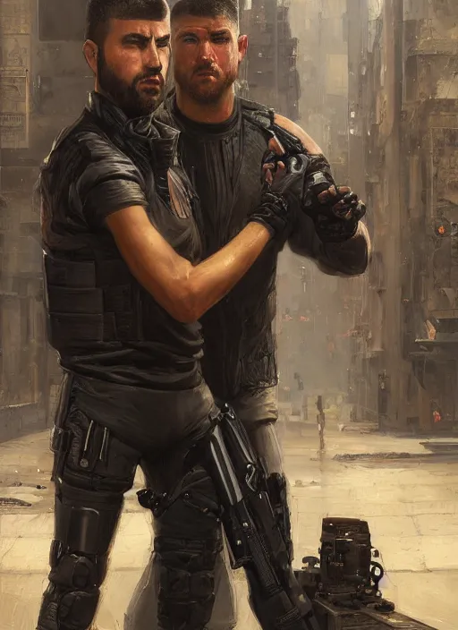 Prompt: cyberpunk jujitsu instructor. cyberpunk mercenary in a military vest ( blade runner 2 0 4 9, cyberpunk 2 0 7 7 ). orientalist portrait by john william waterhouse and james gurney and theodore ralli and nasreddine dinet, oil on canvas. cinematic, hyper realism, realistic proportions, dramatic lighting, high detail 4 k