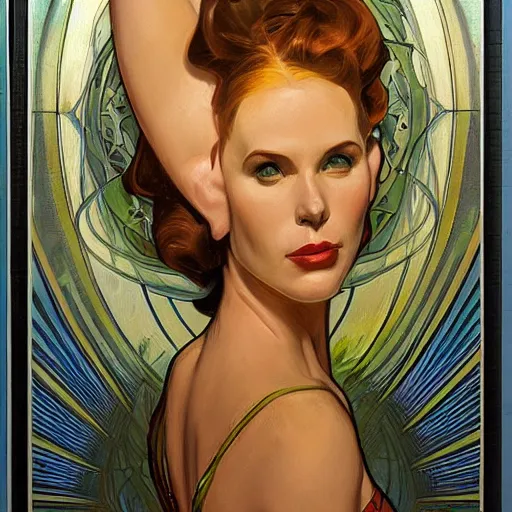 Image similar to a streamline moderne painting in the style of donato giancola, and in the style of charlie bowater, and in the style of alphonse mucha. symmetry, smooth, sharp focus, semi - realism, intricate detail.