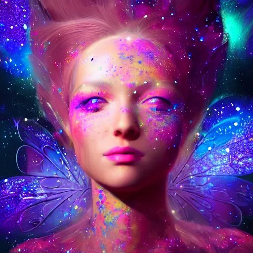 Image similar to portrait of a magical fairy made of galaxies, highly detailed, realistic, octane render, comic book art, space travel, unreal engine, sharp focus, splashes of colors