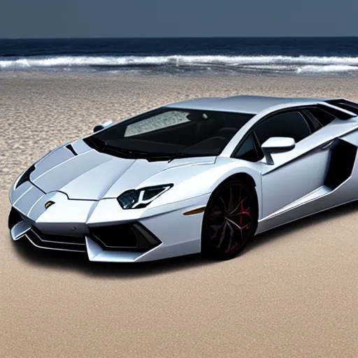 Image similar to A beautiful silver Lamborghini aventador on the beach, 8k, ray tracing