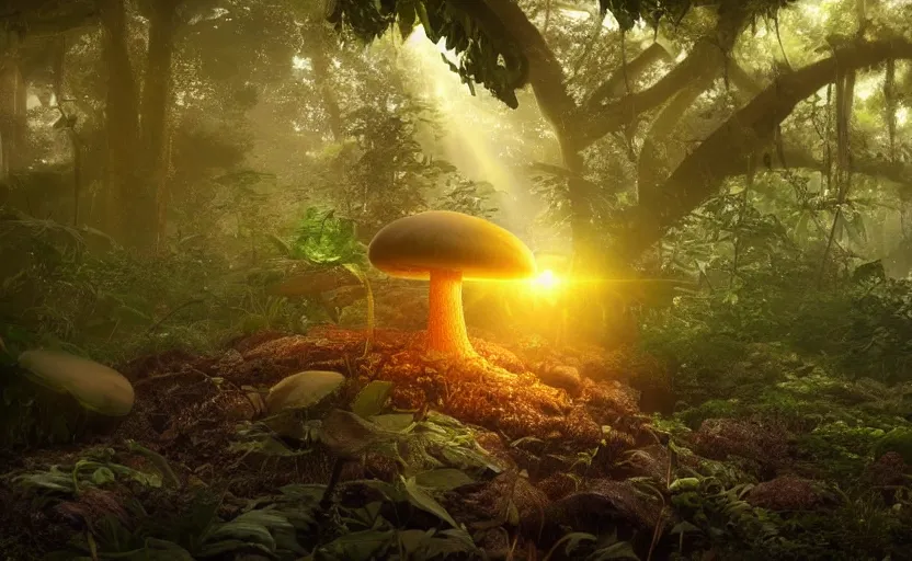 Image similar to a beautiful render of a mushroom growing out of a human a skull in a rainforest, sunset lighting, intricate detail, hazy, humid, volumetric lighting, god rays, 8 k, photorealistic, raytracing effects, unreal engine 5