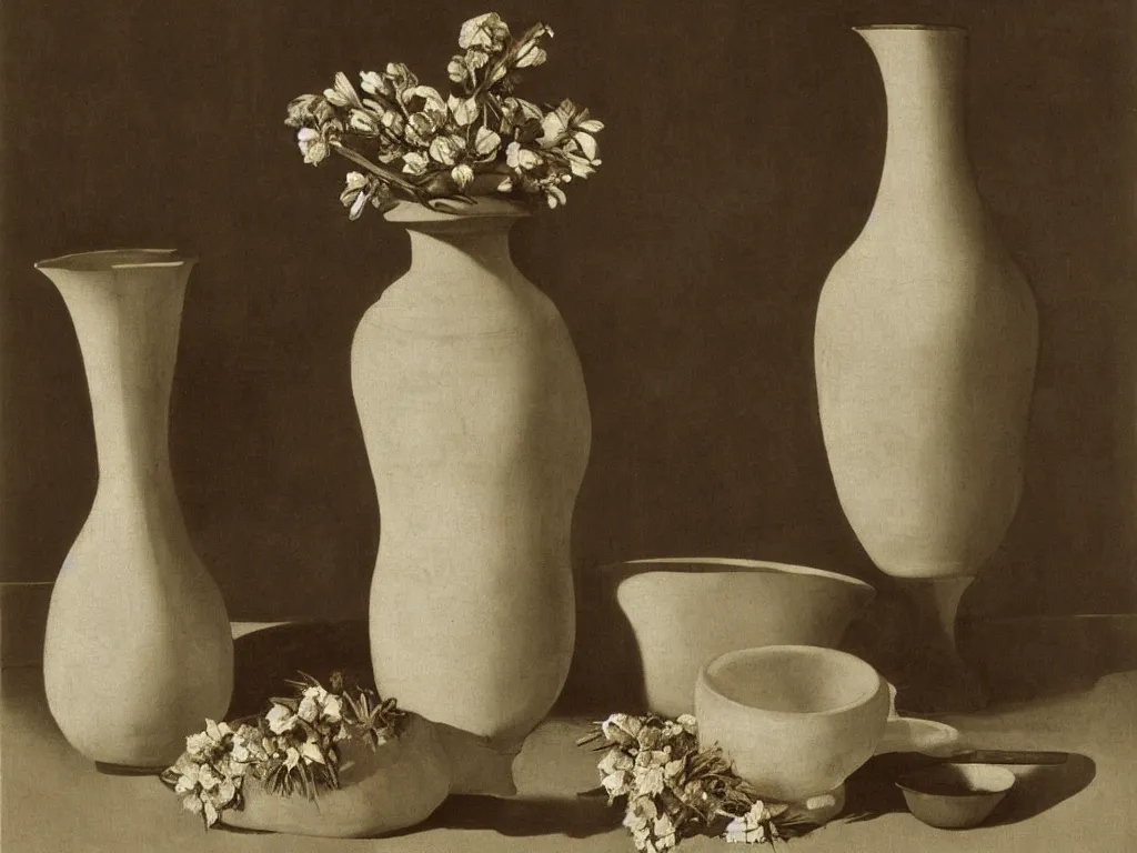 Image similar to Still life with white vase, ceramic pot, dried flower, woman washing her feet. Painting by Zurbaran, Karl Blossfeldt, Morandi