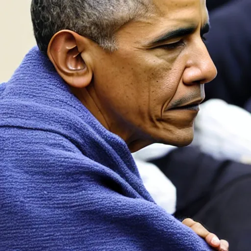 Prompt: Sleepy Barrack Obama wraps up in a warm blanket, photograph