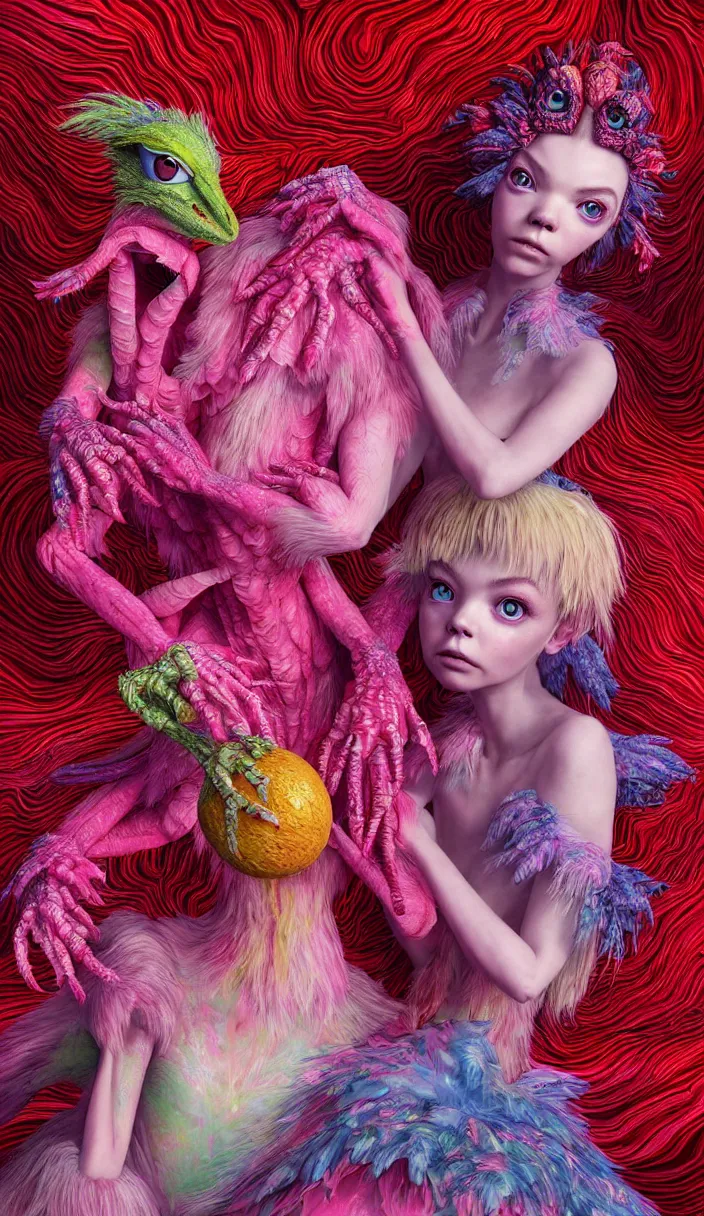 Image similar to hyper detailed 3d render like a Oil painting - kawaii portrait of two Aurora (a beautiful skeksis muppet fae princess protective playful from dark crystal that looks like Anya Taylor-Joy) seen red carpet photoshoot in UVIVF posing in scaly dress to Eat of the Strangling network of yellowcake aerochrome and milky Fruit and His delicate Hands hold of gossamer polyp blossoms bring iridescent fungal flowers whose spores black the foolish stars by Jacek Yerka, Ilya Kuvshinov, Mariusz Lewandowski, Houdini algorithmic generative render, Abstract brush strokes, Masterpiece, Edward Hopper and James Gilleard, Zdzislaw Beksinski, Mark Ryden, Wolfgang Lettl, hints of Yayoi Kasuma and Dr. Seuss, octane render, 8k