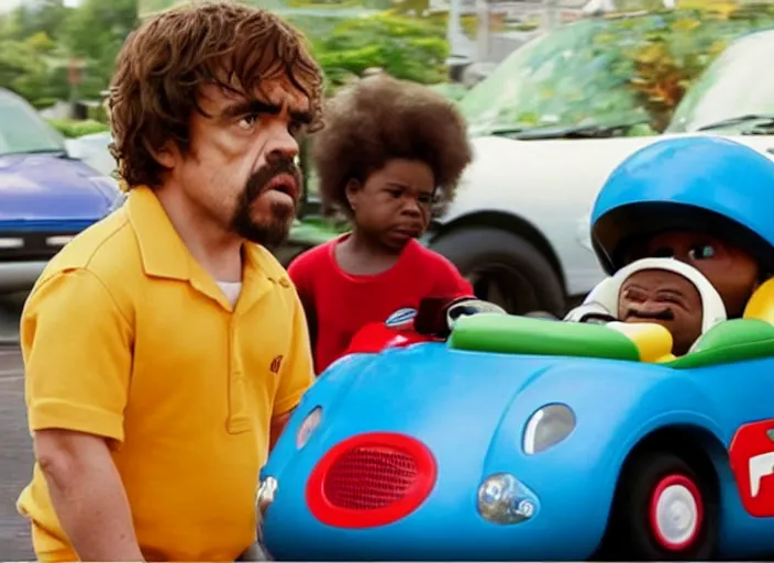 Image similar to peter dinklage racing gary coleman driving a little tikes cars, movie still, from the new fast and furious movie, 8 k, realistic