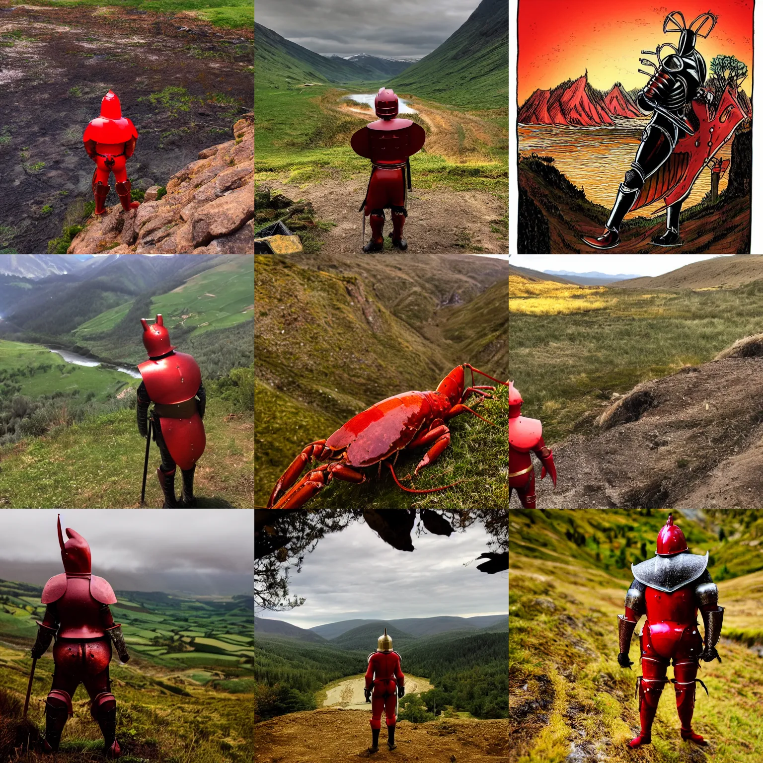 Prompt: a photo of the lobster knight looking down a valley