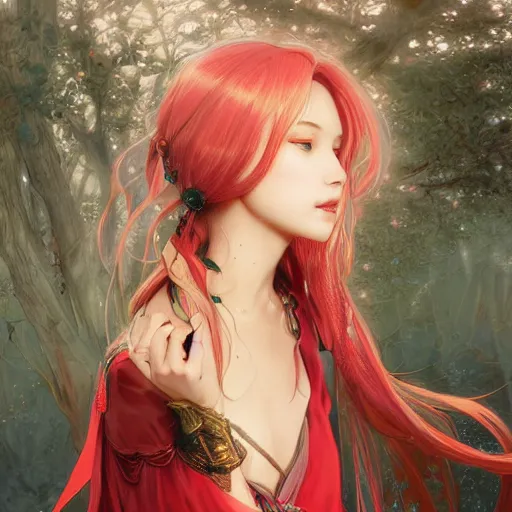 Image similar to a beautiful portrait of hatsune miku with red highlighted hair as a witch, fantasy, intricate, elegant, highly detailed, digital painting, artstation, concept art, matte, sharp focus, illustration, art by greg rutkowski and alphonse mucha