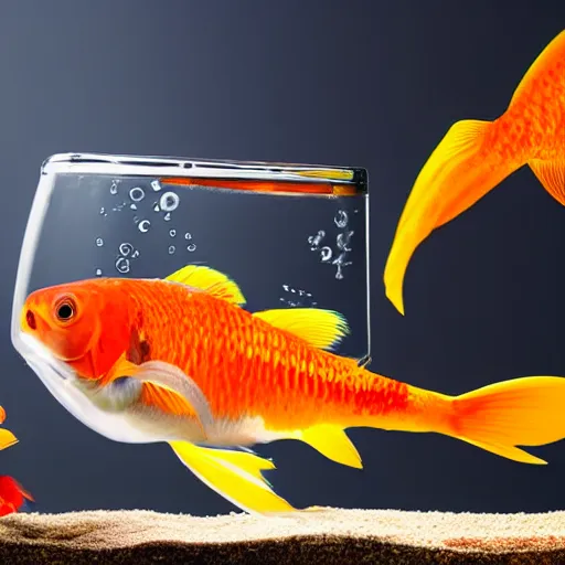 Image similar to stock photo of goldfish jumping to freedom out if fish bowl to another aquarium with clear water against blue background