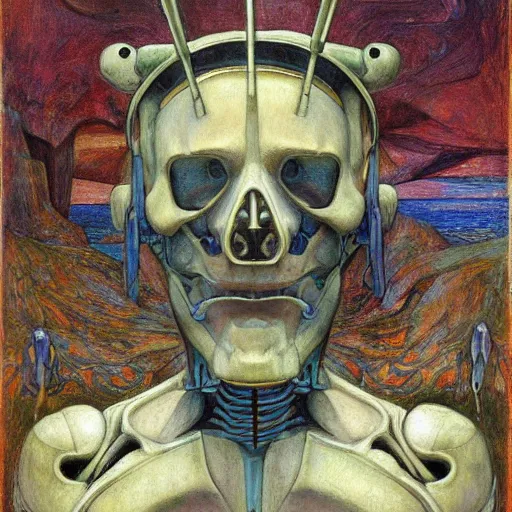 Prompt: grieving android wearing the bone crown, by Annie Swynnerton and Diego Rivera , symbolist, dramatic lighting, elaborate geometric ornament, Art Brut, soft cool colors,smooth, sharp focus, extremely detailed, Adolf Wölfli and (Donato Giancola)